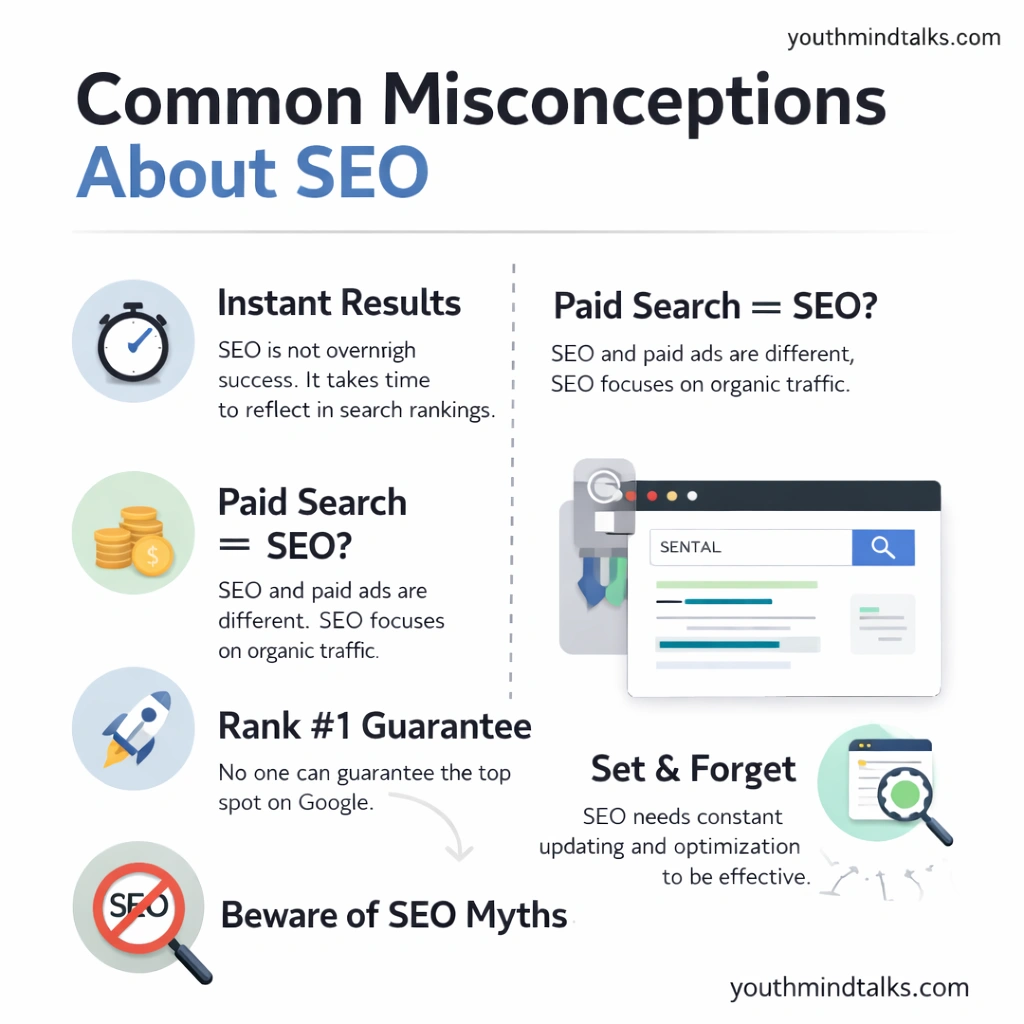 Common misconceptions about SEO infographic explaining SEO myths