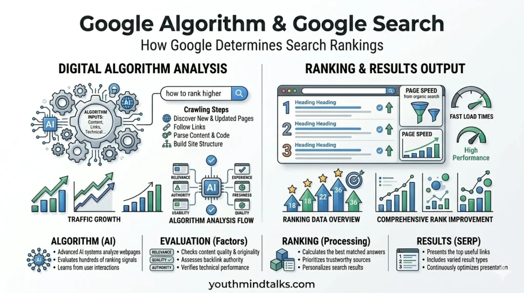 Google algorithm analyzing websites for search ranking