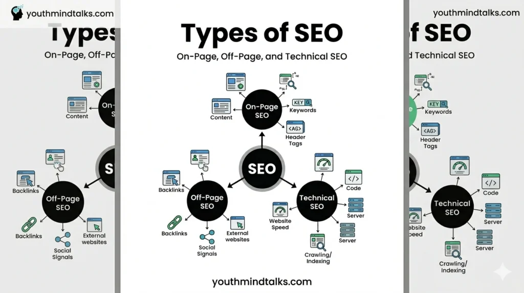 types of SEO on page off page technical SEO infographic