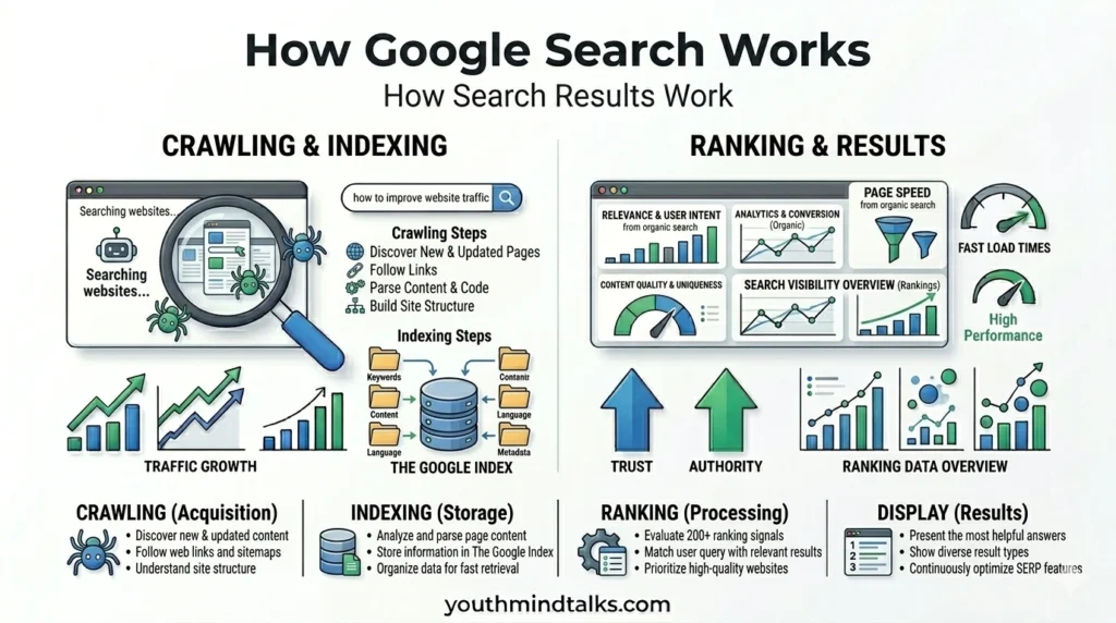 how Google search works crawling indexing ranking process infographic