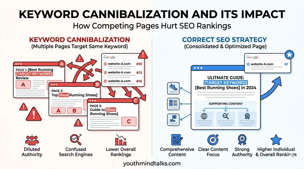 keyword cannibalization impact on SEO rankings infographic