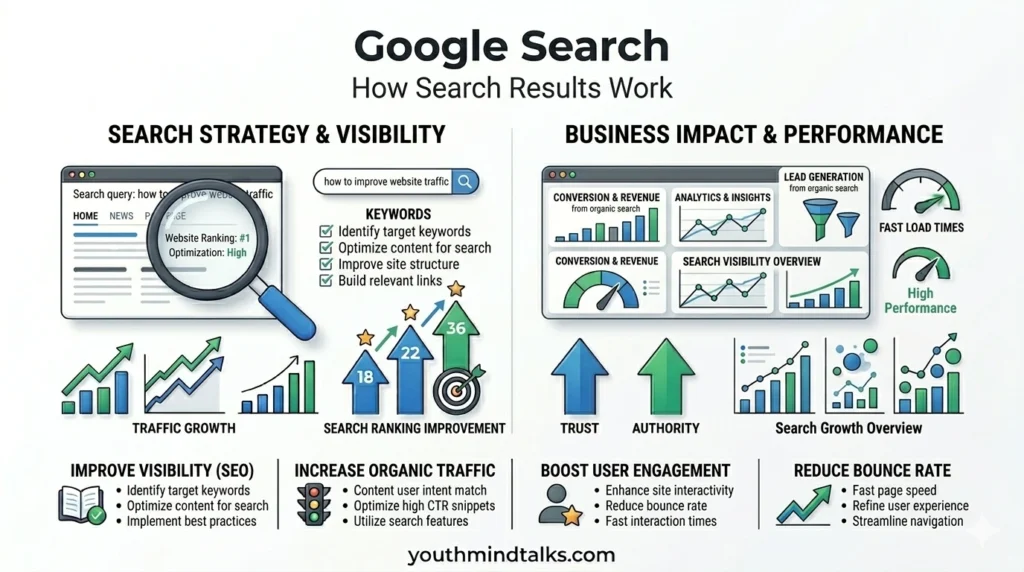 Google search results page illustration with ranking websites